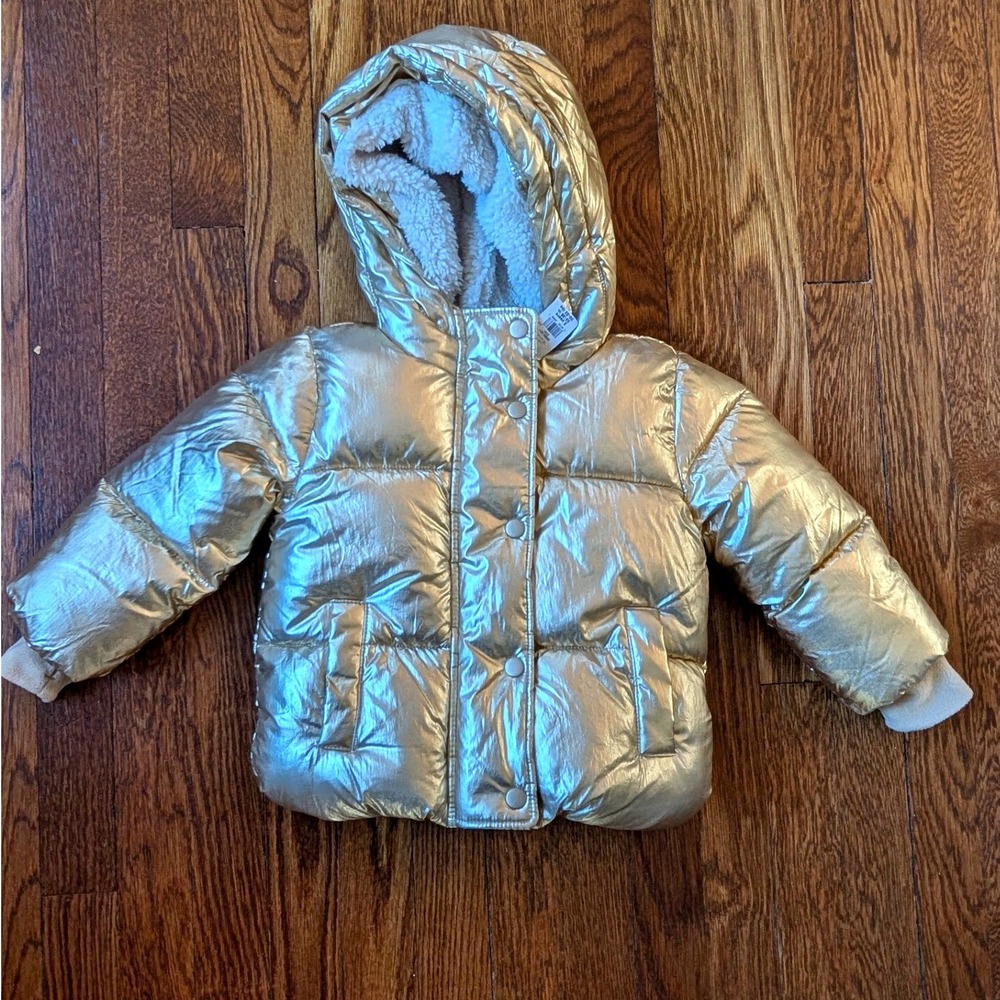 Baby Gap Gold Metallic Sherpa Lined Puffer Jacket Hooded Coat 2T New Shiny Fun